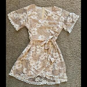 SHEIN Floral Lace Wrap Dress with Pom-Pom Trim Sz L